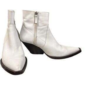 Zara White Leather Western Ankle Boots Pointed Toe Side‎ Zip Womens EU 39